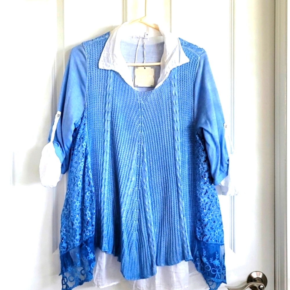 Italian pale blue cotton Topper over a lightweight white cotton blouse XL